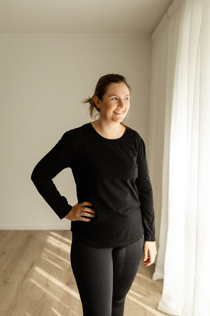 Breastfeeding Front Zip Long Sleeve Top Black